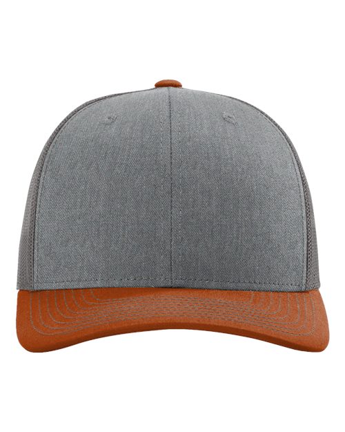 Richardson Snapback Trucker Cap - Heather Grey/ Charcoal/ Dark Orange Front