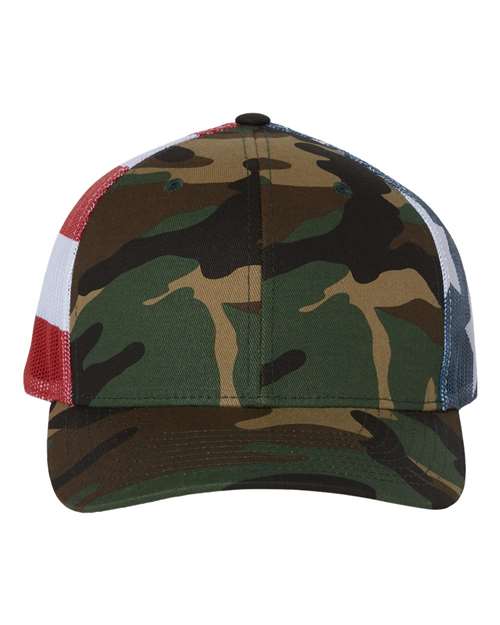 Richardson Printed Mesh Trucker Cap - Green Camo/ Stars & Stripes Front