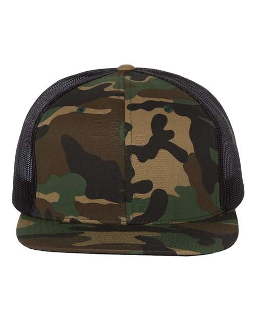 Richardson Wool Blend Flat Bill Trucker Cap - Green Camo/ Black Front