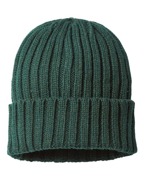 Sustainable Cable Knit Cuffed Beanie - Bottle Green Front