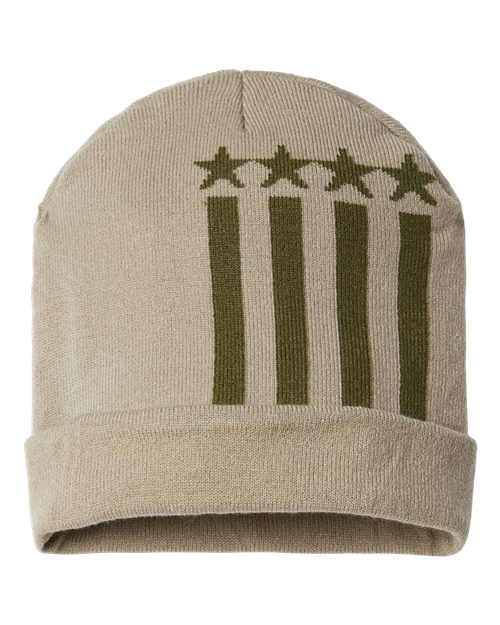 CAP AMERICA USA-Made Patriotic Cuffed Beanie - Khaki/ Olive Stars Front